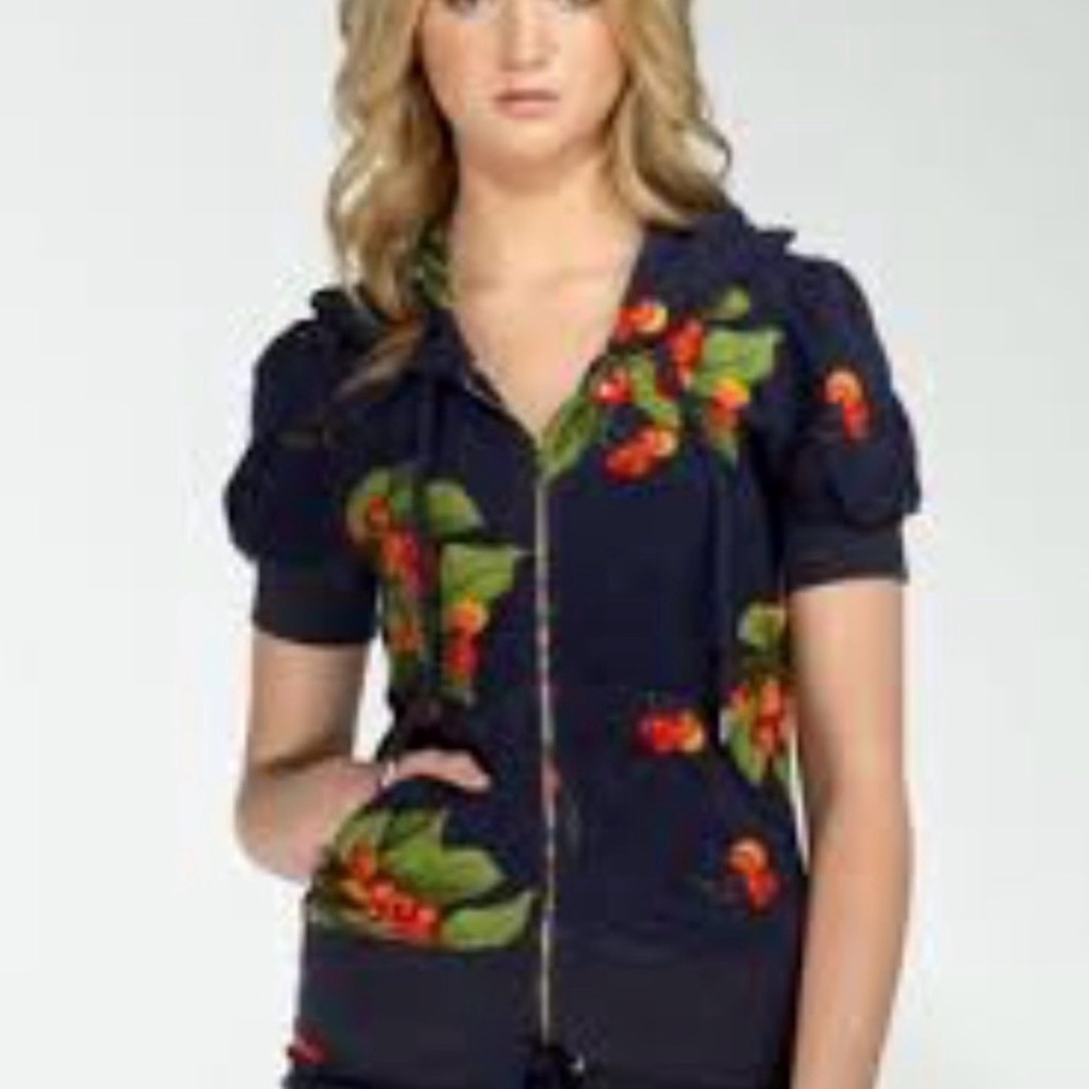 Juicy Couture Vintage Y2K Cherry Print Puff Sleeve Short Sleeve Zip Hoodie L